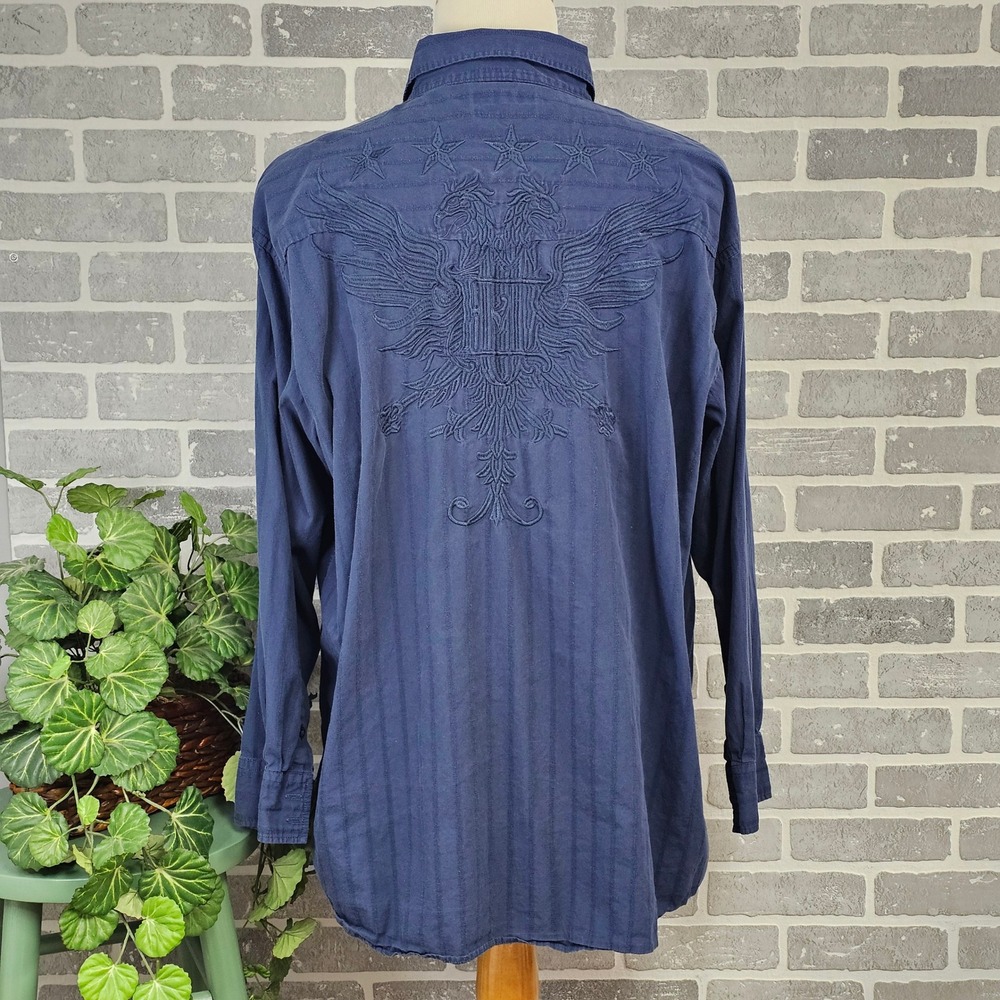 Ecko Unltd Men's 3XB Navy Button Down Shirt Embroidered Eagle Back Streetwear‎
